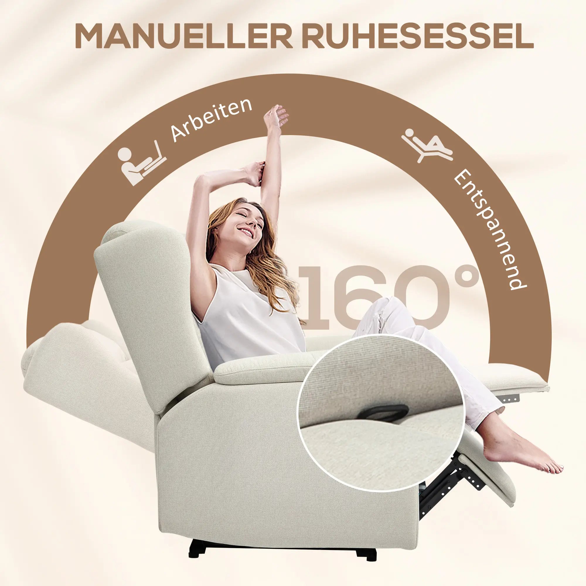 HOMCOM Fernsehsessel Liegesessel 160° verstellbar Taschenfederkern Beige