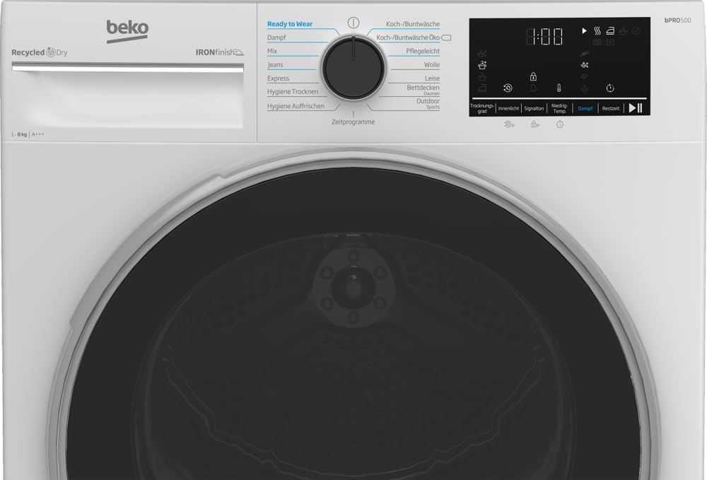 Beko B5T4824IF bPRO 500 Wäschetrockner, 8 kg, Frontlader Wärmepumpentrockner, allergikergeeignet, 15 Programme, Dampffunktion, Knitterschutz, Silent-Programm, AquaWave Schontrommel, Weiß