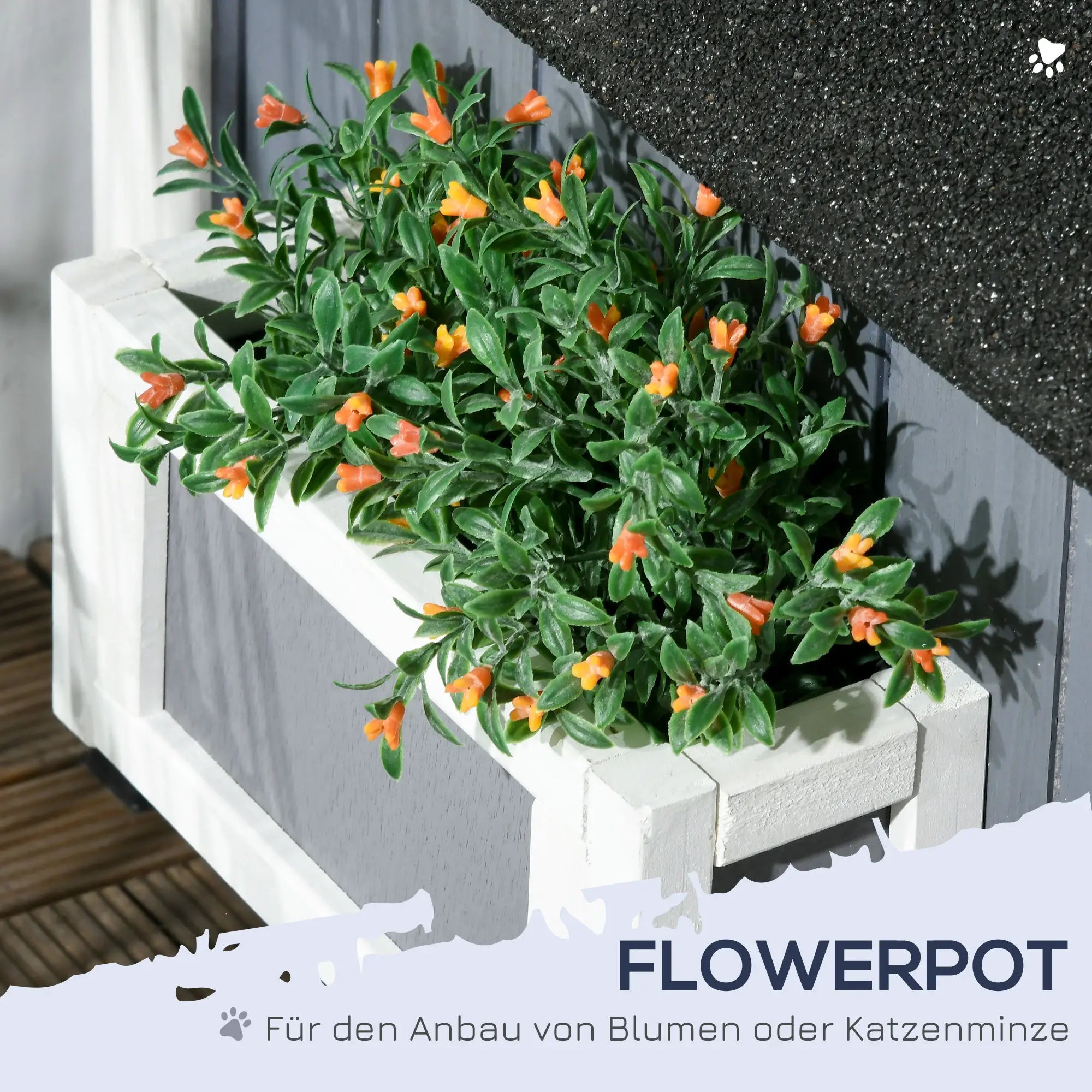 PawHut Outdoor Katzenhaus 2 Etagen mit Asphaltdach Blumenkasten