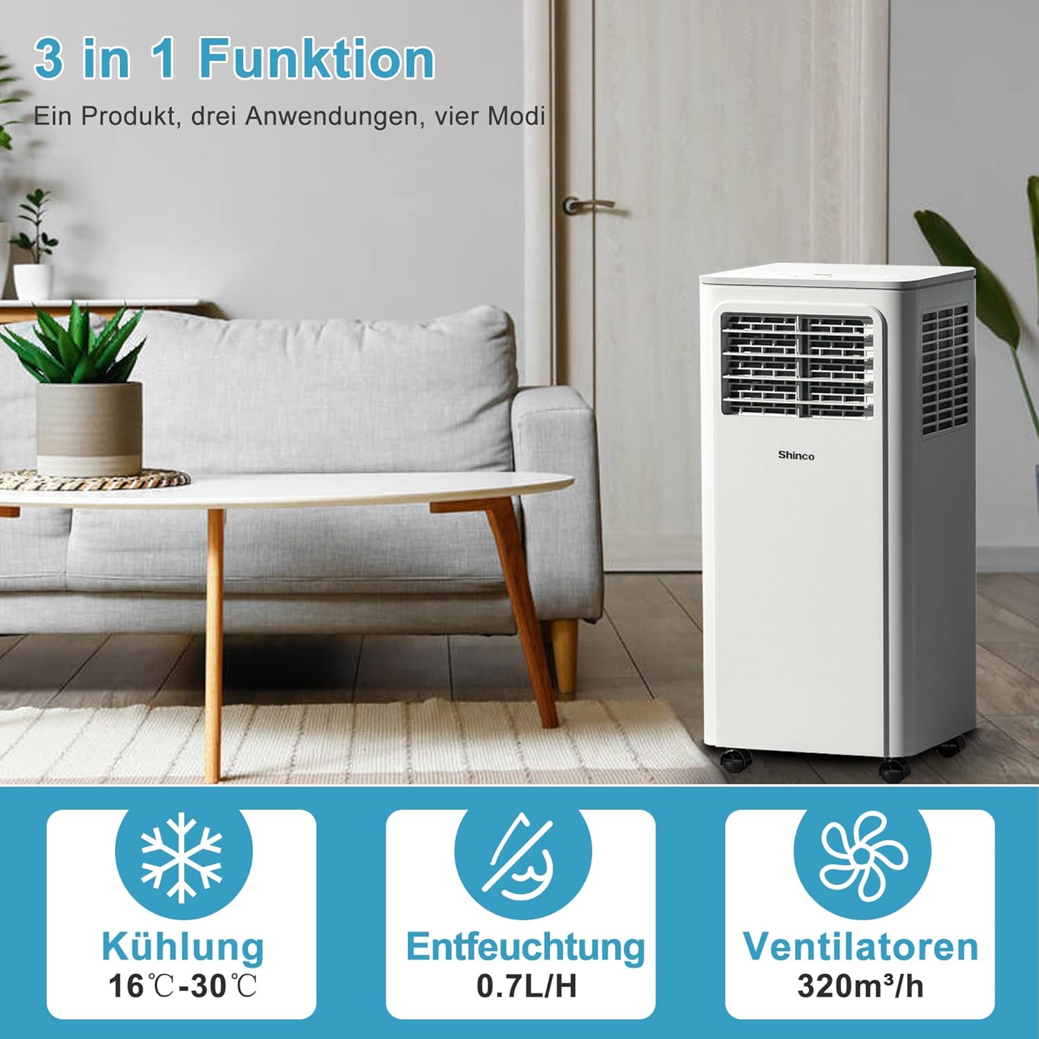 SHINCO Mobile Klimaanlage mit Abluftschlauch, 3-in-1Klimaanlage mit Luftentfeuchter&Ventilator, 7000BTU, 2,05 kW, Mobiles Klimagert mit Schlafmodus, Timer und Montagematerial, Rume bis 54m