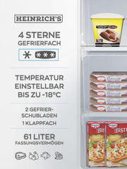 Heinrich´s Gefrierschrank 61Liter -18°C Freezer, 3x Gefrierschublade, 7 Stufen Temperaturregler, Airflow, wechselbarer Türanschlag weiß