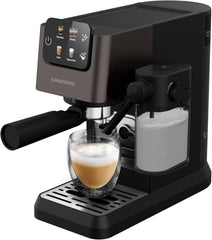 GRUNDIG KSM 5330 Siebträgermaschine mit integriertem Milchbehälter, 1628 W Leistung, 15 bar Pumpendruck, Zweifachdüse, farbiges Touch-Display, BrewSense, CreamyPro, Dark Inox/Schwarz