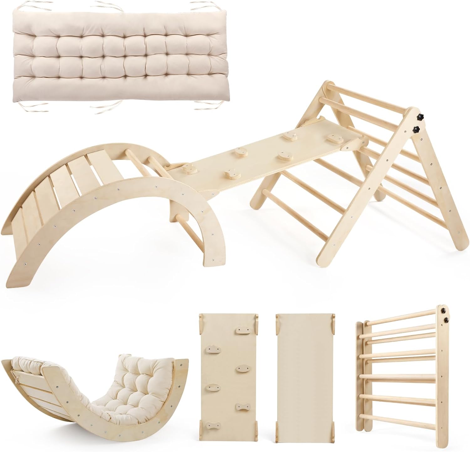 Dreieck-Set mit Kissen, 5-in-1 Montessori-Kletterset, faltbar, Kletter-Indoor-Spielplatz-Set für Kleinkinder, Holz-Kletterspielzeug mit Rampe und Kletterbogen für Kinder (Holzfarbe)