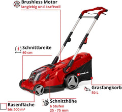 Einhell Akku-Rasenmäher RASARRO 36/42 Kit Power X-Change (36V, 42 cm Schnittbreite, bis 725 m², Brushless, 50L Fangkorb, Mulchfunktion, inkl. 2x 5,2Ah + 1x Twincharger)