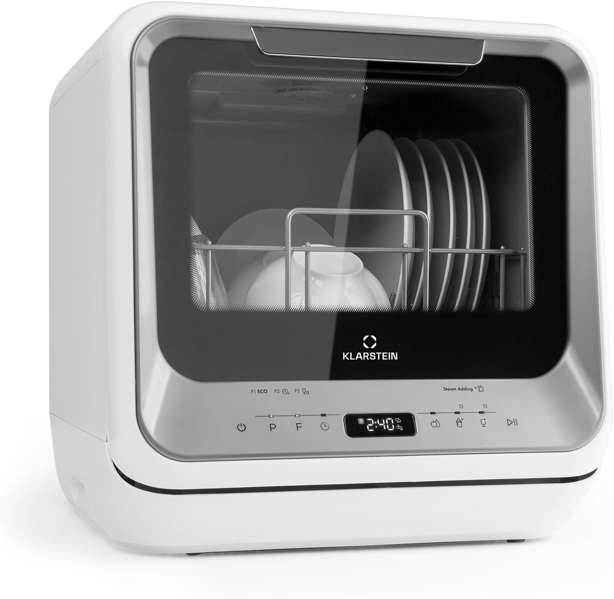 Klarstein  ia Mini Geschirrspüler, Spülmaschine mit Platz für 2 Maßgedecke, 6 Programme, 5 L Wasser benötigt, LED-Display, Touch, Tischgeschirrspüler inkl. Zubehör, schwarz