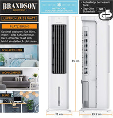 Brandson - Luftkühler mit Wasserkühlung 5 in 1 - Verdunstungskühler, Luftbefeuchter, Ventilator & Luftreiniger, mobile Klimaanlage ohne Abluftschlauch - Preisträger 2025 - leise - 5L Wassertank