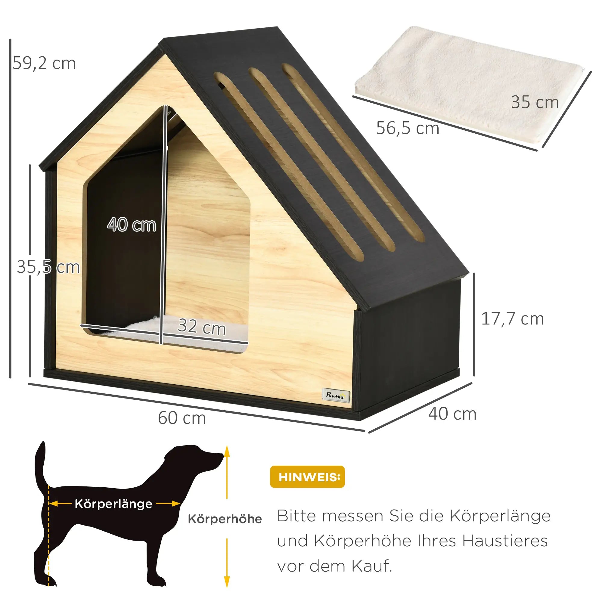 PawHut Hundehütte Holz 60x40 cm mit Kissen für kleine Hunde