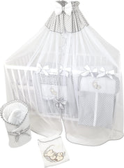 Bello24 - 16 Teiliges Babybett Kinderbett und Bettwäsche komplett Set Happy Leo inkl. Matratze höhenverstellbar für Neugeborene Babys und Kleinkinder aus Massivholz (Grau - Teddybär Mond)