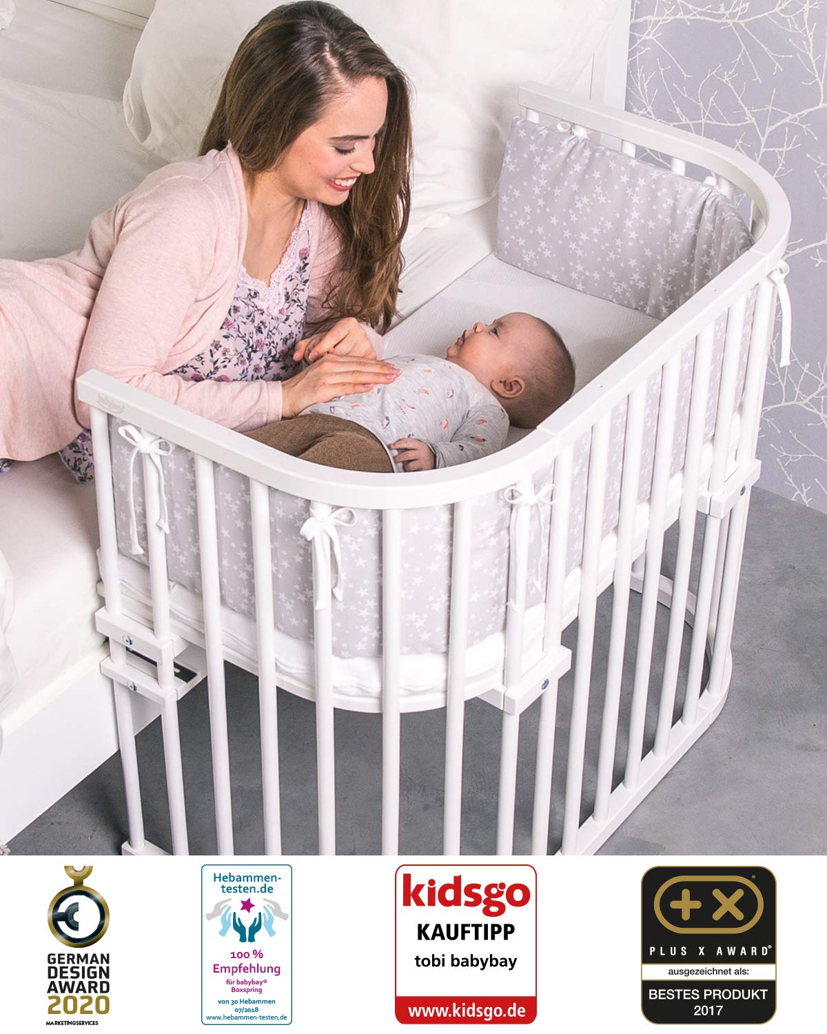 babybay Original Beistellbett aus massivem Buchenholz / kompakt & verwandelbar / Kinderbett Höhe stufenlos verstellbar & umweltfreundlich / mitwachsendes Babybett (weiß lackiert) / inkl. Matratze