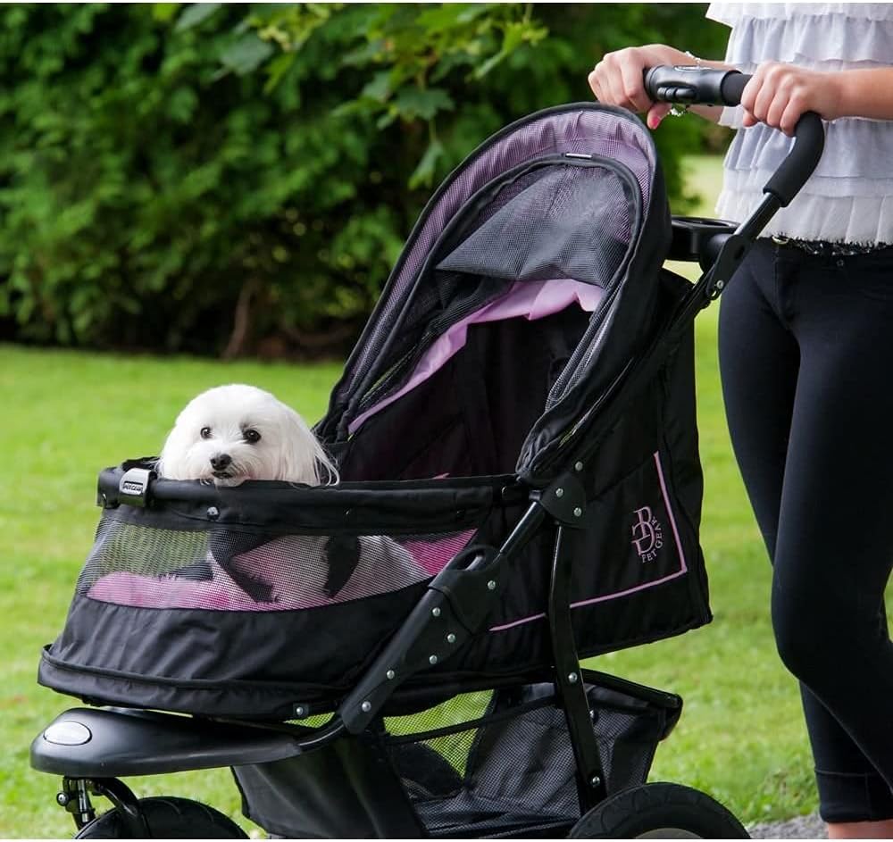 No-Zip NV Haustier-Buggy für Katzen/Hunde, Einstieg ohne Reißverschluss, einfaches Zusammenklappen mit einer Hand, Reifen mit Gelfüllung, Plüschpolster + Wetterschutz inklusive, 3 Farben