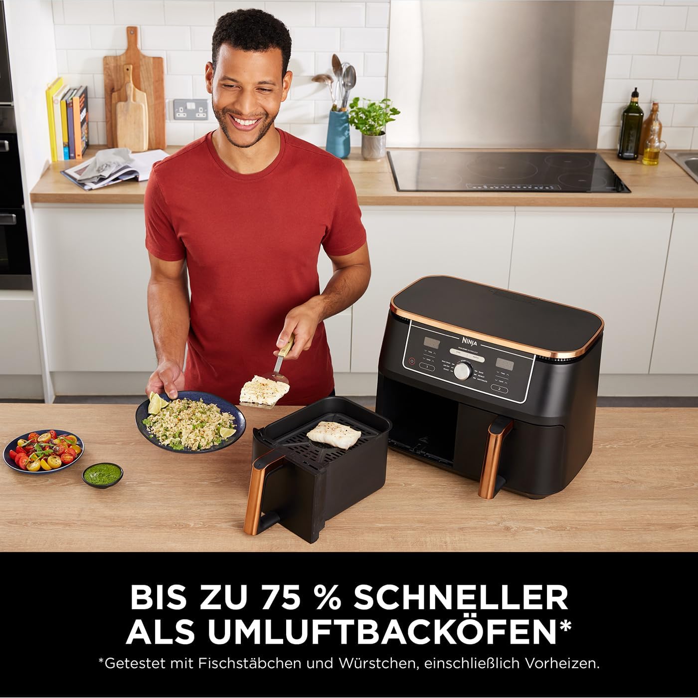 Ninja Heißluftfritteuse MAX PRO, 6,2 L, ölfrei, große Schublade, Rösten, Backen, Air Fry, Antihaftbeschichtet, Spülmaschinenfester Korb & Crisper Gittereinsatz, Silikonzange, Schwarz/Kupfer, AF180EUCP