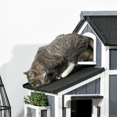 PawHut Outdoor Katzenhaus 2 Etagen mit Asphaltdach Blumenkasten