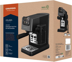 GRUNDIG KSM 5330 Siebträgermaschine mit integriertem Milchbehälter, 1628 W Leistung, 15 bar Pumpendruck, Zweifachdüse, farbiges Touch-Display, BrewSense, CreamyPro, Dark Inox/Schwarz