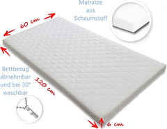 Bello24 - 16 Teiliges Babybett Kinderbett und Bettwäsche komplett Set Happy Leo inkl. Matratze höhenverstellbar für Neugeborene Babys und Kleinkinder aus Massivholz (Grau - Teddybär Mond)