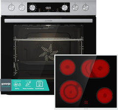 Gorenje Einbauherd-Set Heißluft Inox Set 4 mit Glaskeramik-Kochfeld / 77 Liter / ExtraSteam / GentleClose & Open / EcoClean / AirFry / PizzaMode / PerfectGrill / Teleskopauszüge / Inox-Look