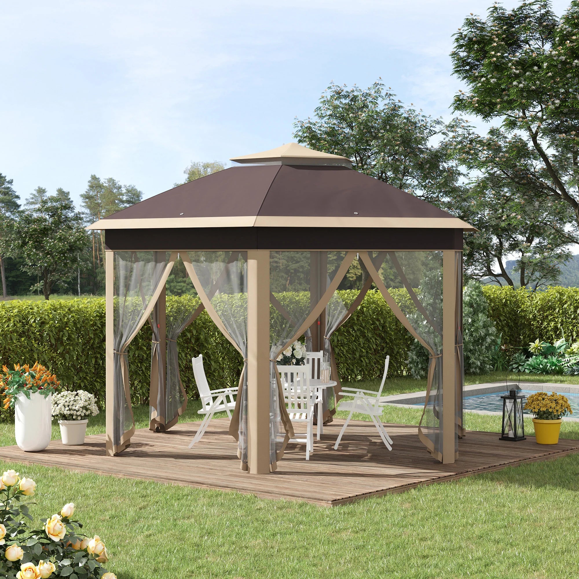 Outsunny Pavillon 4x4 m sechseckig mit Doppeldach Beige