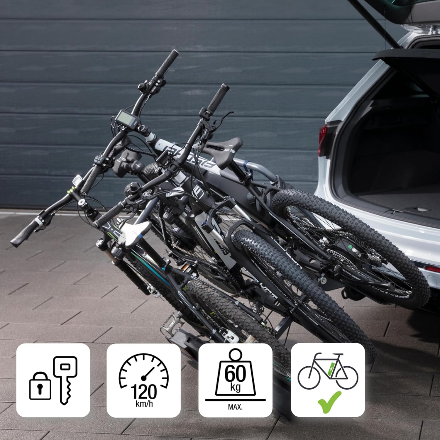 Fischer Kupplungs-Fahrradträger ProlineEvo 2, für 2 Fahrräder bis 60kg Nutzlast, E-Bike geeignet, vormontiert, abschließbar, faltbar