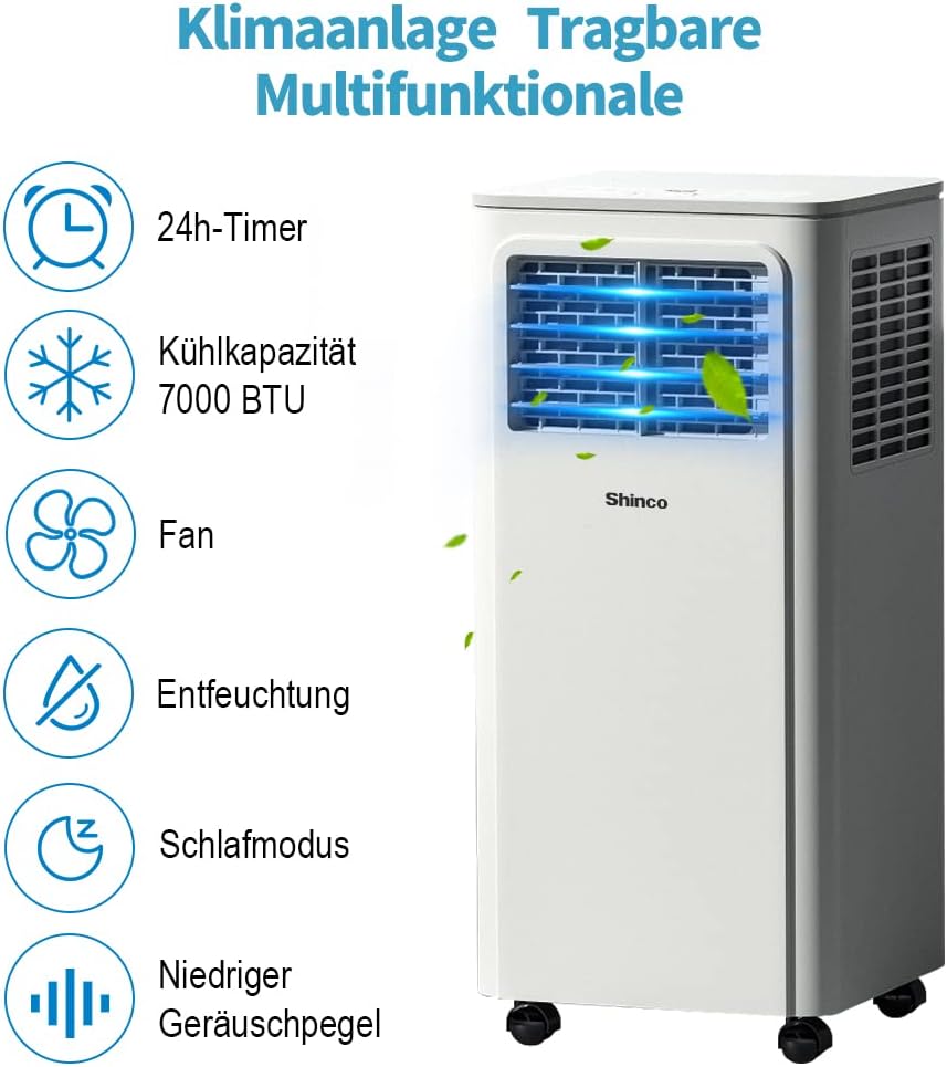SHINCO Mobile Klimaanlage mit Abluftschlauch, 3-in-1Klimaanlage mit Luftentfeuchter&Ventilator, 7000BTU, 2,05 kW, Mobiles Klimagert mit Schlafmodus, Timer und Montagematerial, Rume bis 54m