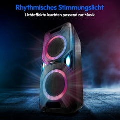 MEDION P61468 Party-Soundsystem (Partylautsprecher inkl. Mikrofon, Karaoke, Akku, UKW Radio, Bluetooth 5.0, Kompaktanlage, 2X 220 Watt, Farbige LED, USB, AUX, 2X Mikrofonanschluss)