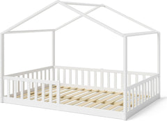 Bellabino Kinderbett Bia 140x200 cm, Hausbett Kinder inkl. Rausfallschutz und Rolllattenrost, Montessori Bodenbett weiß aus Massivholz Kiefer