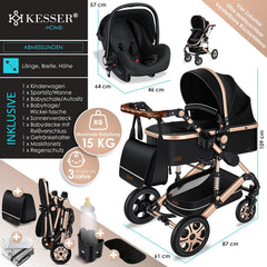 KESSER Loops 3 in 1 Kinderwagen Kombikinderwagen Komplett-Set inkl. Babywanne & Buggy Sportsitz & Auto-Babyschale Voll-Gummireifen Wickeltasche Regenschutz Kindertisch ECE R129, Schwarz/Champagne