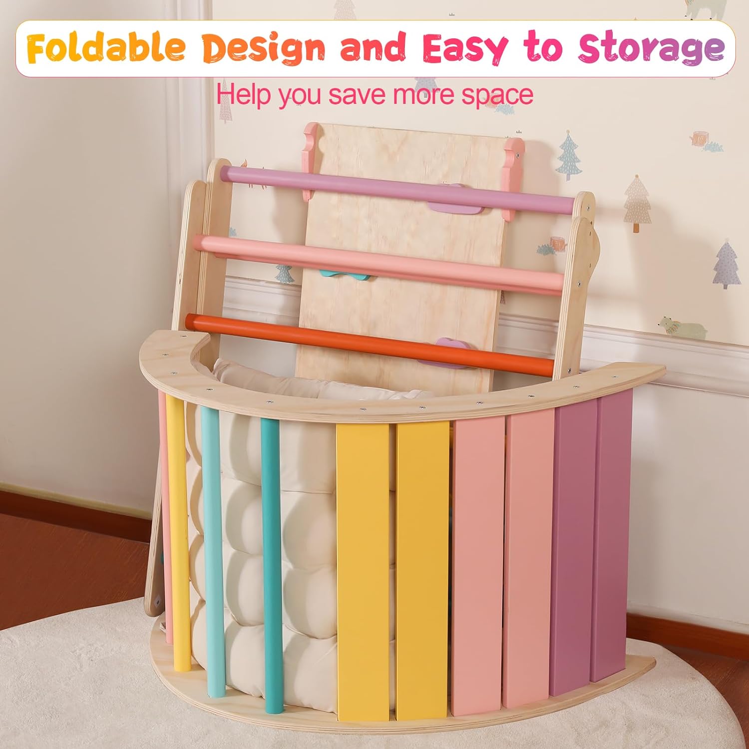 Dreieck-Set mit Kissen, 5-in-1 Montessori-Kletterset, faltbar, Kletter-Indoor-Spielplatz-Set für Kleinkinder, Holz-Kletterspielzeug mit Rampe und Kletterbogen für Kinder (Holzfarbe)