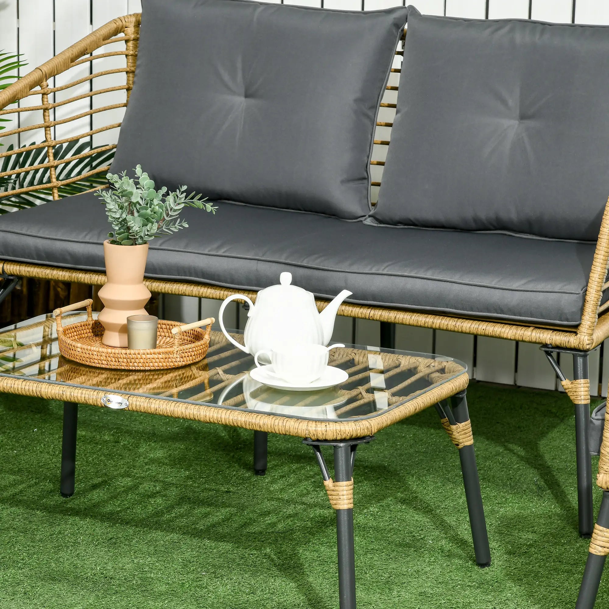 Outsunny Polyrattan Gartensofa-Set 4-tlg. Boho-Stil Glas-Couchtisch
