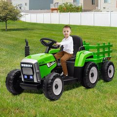 HAUSPROFI 12V 3-Gang Kinder Elektroauto mit Anhänger, Elektro Traktor 2 Fahrmodi, 2,4G-Fernbedienung, Kinder Traktor LED-Licht, Bluetooth, Musik, USB, Elektrischer Traktor für kinder ab 3 Jahren, Grün