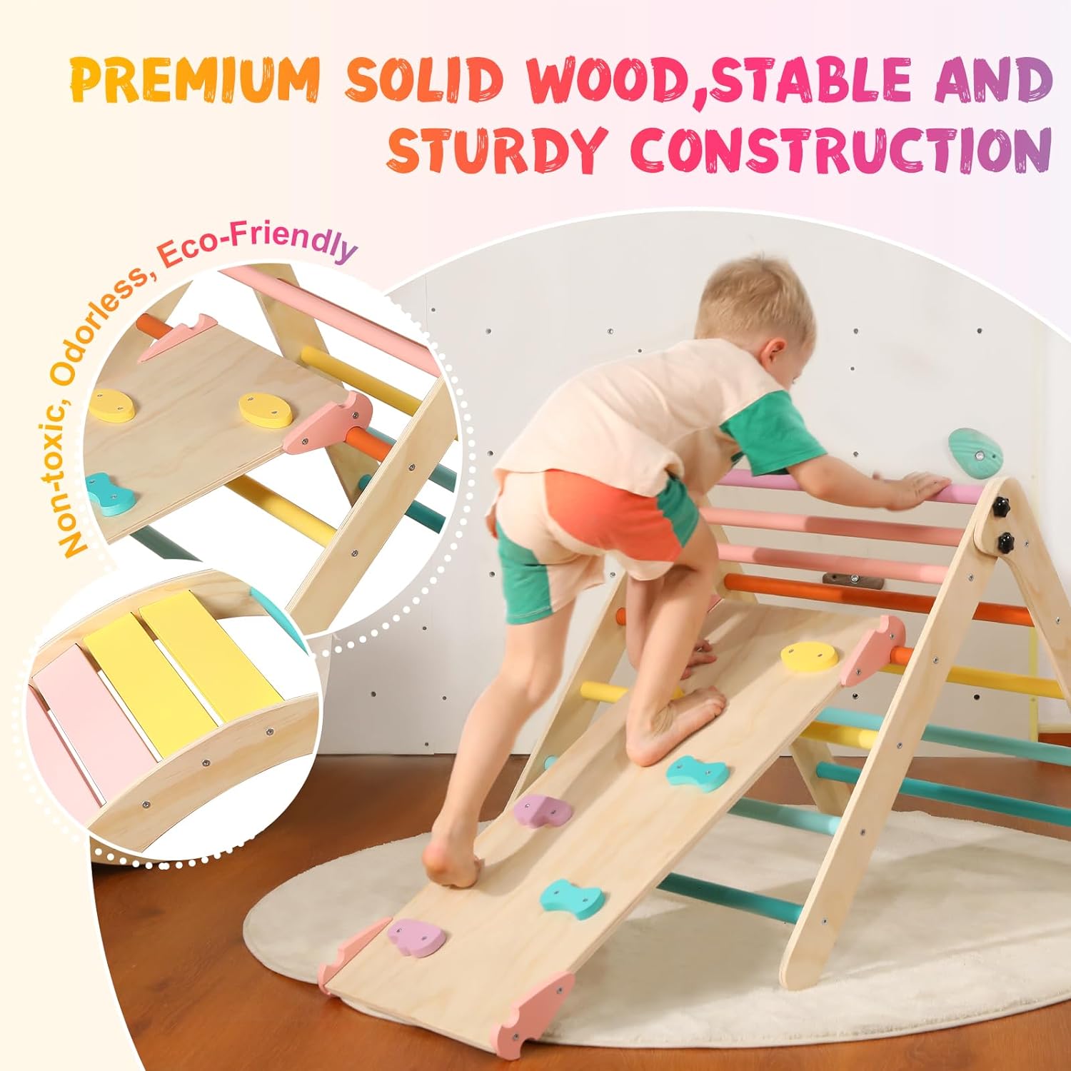 Dreieck-Set mit Kissen, 5-in-1 Montessori-Kletterset, faltbar, Kletter-Indoor-Spielplatz-Set für Kleinkinder, Holz-Kletterspielzeug mit Rampe und Kletterbogen für Kinder (Holzfarbe)