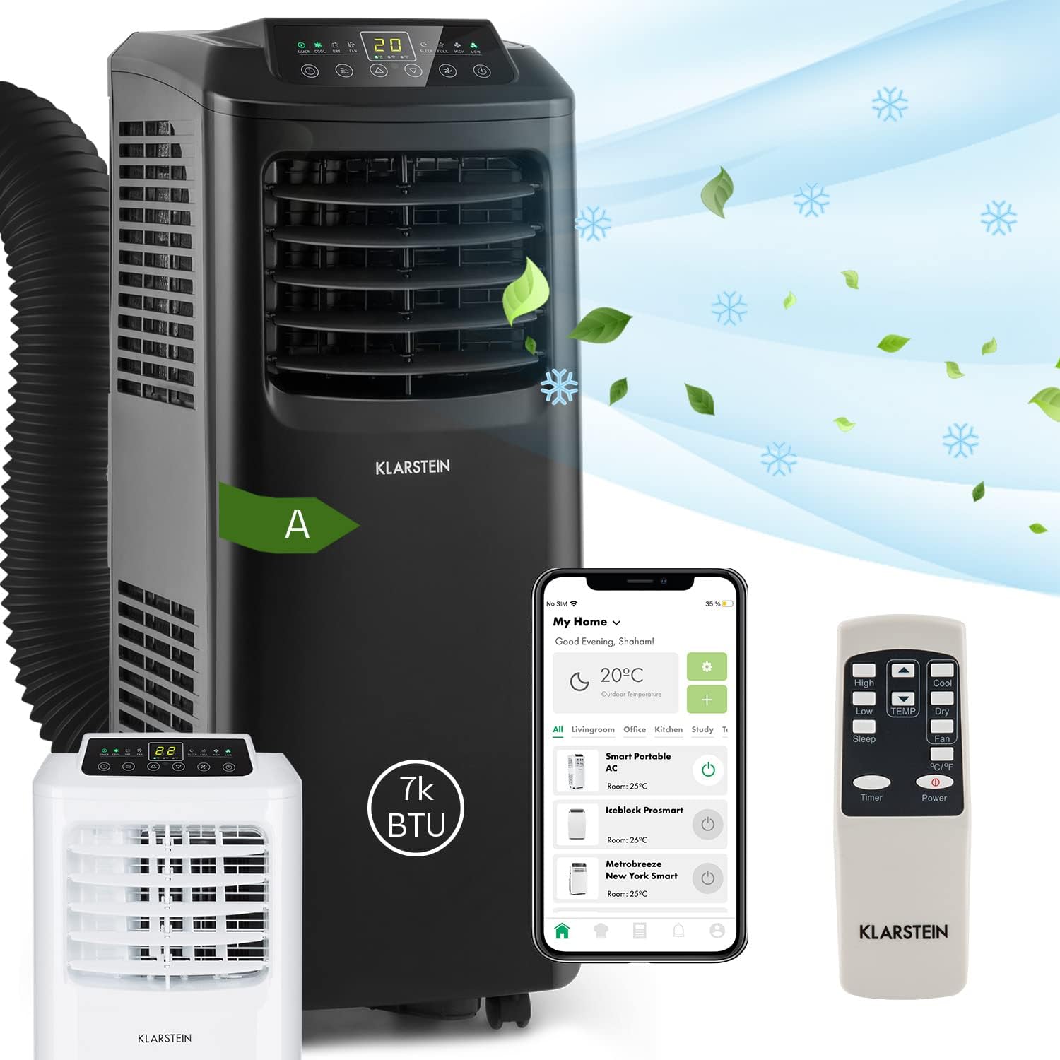 Klarstein Mobile Klimaanlage mit Abluftschlauch, 3-in-1 Klimagerät mit Ventilator & Luftentfeuchter, Kleine & Portable Klimaanlage für Wohnung & Büro, mit Nachtmodus & App-Steuerung, 7000 BTU