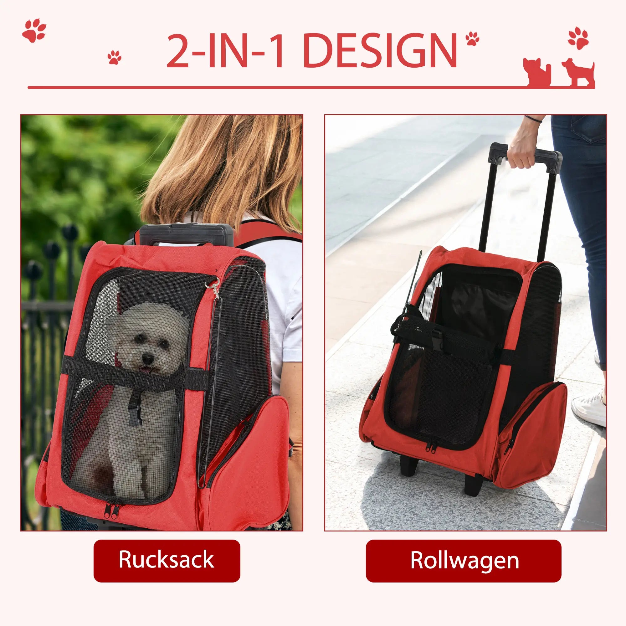 PawHut Hundetrolley Tragetasche 2in1 Rucksack mit Rollen höhenverstellbar