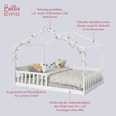Bellabino Kinderbett Bia 140x200 cm, Hausbett Kinder inkl. Rausfallschutz und Rolllattenrost, Montessori Bodenbett weiß aus Massivholz Kiefer