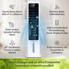 Klarstein Luftkühler mit Wasserkühlung, 5-in-1 Verdunstungskühler, Luftbefeuchter, Ventilator & Luftreiniger, Mobile Klimageräte Luftkühler mit App-Steuerung, 80W Air Cooler, 462m³/h Luftstrom, Weiß