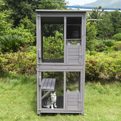 Katzenhaus Outdoor Catio Kitty Gehege mit super großer Eingangstür, Holz-Katzenkäfig Condo Indoor-Laufstall mit Plattformen und kleinem Haus