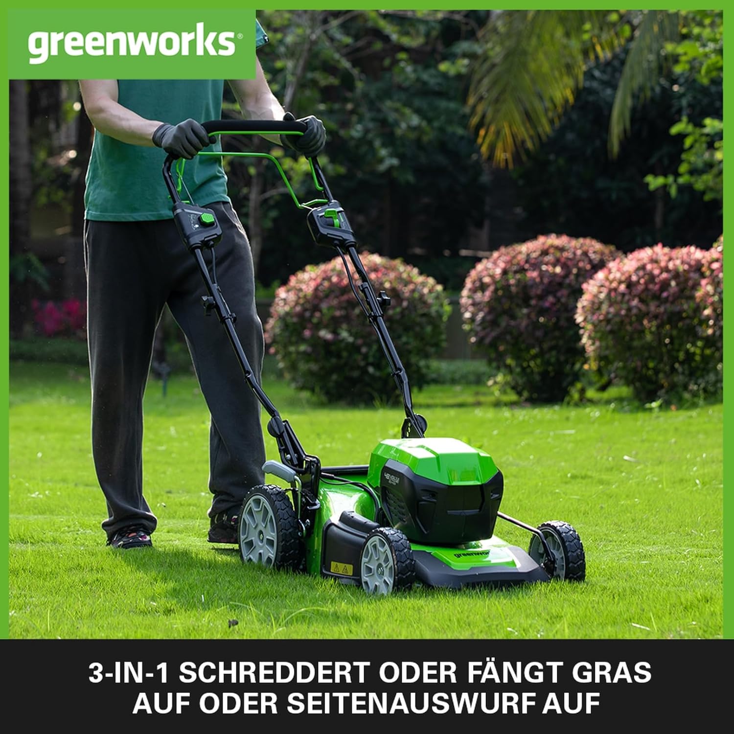 Greenworks 48V (2x24V) Selbstfahrender Akku Rasenmher für groe Flchen bis zu 480m, 46cm Schnittbreite, 55L Sack PLUS zwei 4Ah-Akkus und Doppelladegert GD24X2LM46SPK4X
