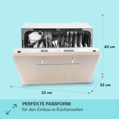 Klarstein ia 8 - Spülmaschine, Geschirrspüler, Freistehend, Teilintegriert, F, 55 cm breit, 8 Maßgedecke, 6 Programme, Aquastop, silber
