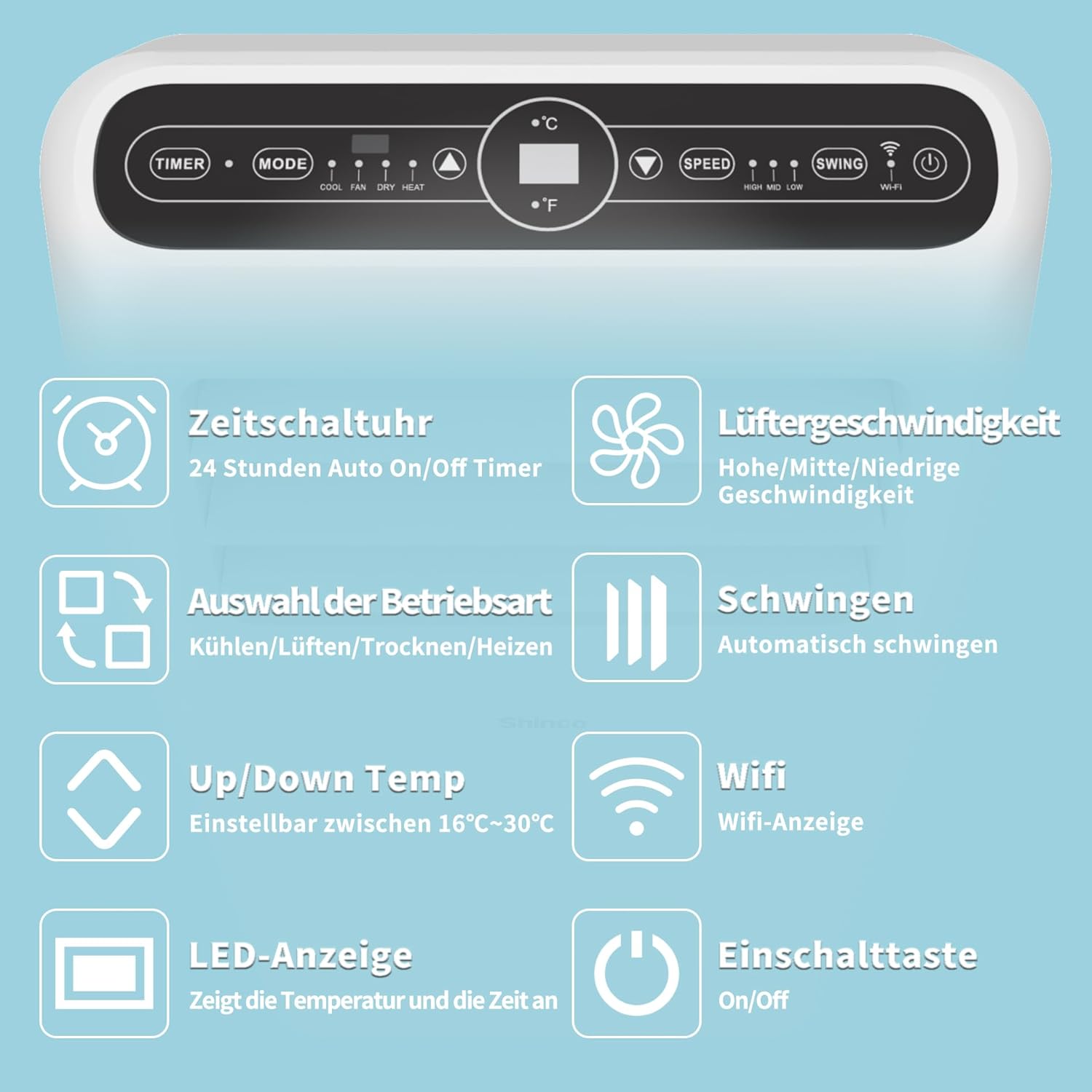 SHINCO Mobile Klimaanlage mit Abluftschlauch, 3-in-1Klimaanlage mit Luftentfeuchter&Ventilator, 7000BTU, 2,05 kW, Mobiles Klimagert mit Schlafmodus, Timer und Montagematerial, Rume bis 54m