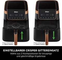 Ninja Heißluftfritteuse MAX PRO, 6,2 L, ölfrei, große Schublade, Rösten, Backen, Air Fry, Antihaftbeschichtet, Spülmaschinenfester Korb & Crisper Gittereinsatz, Silikonzange, Schwarz/Kupfer, AF180EUCP