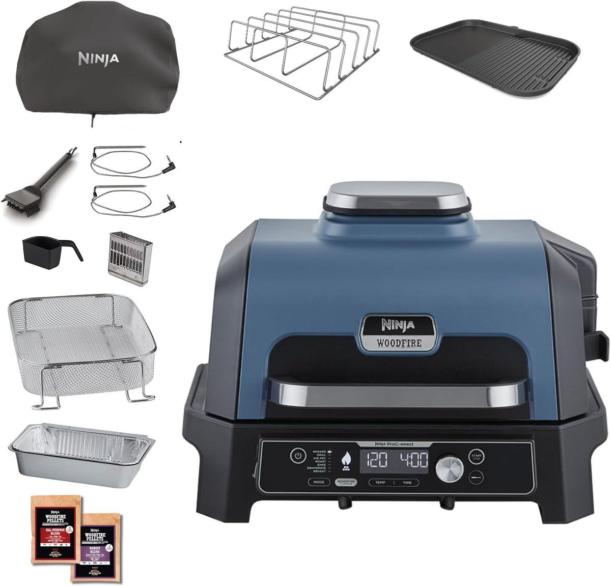 Ninja Woodfire Electric BBQ Grill & Smoker & Air Fryer, 7-in-1 Outdoor BBQ Grill, Air Fry, Smoke, Roast, Bake and more, Weather Resistant, Non-Stick, Portable, Electric, Grey/Black OG701EU