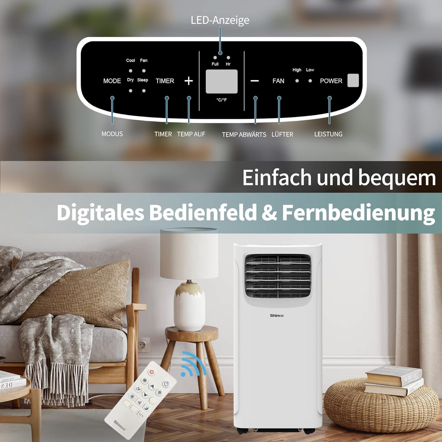 SHINCO Mobile Klimaanlage mit Abluftschlauch, 3-in-1Klimaanlage mit Luftentfeuchter&Ventilator, 7000BTU, 2,05 kW, Mobiles Klimagert mit Schlafmodus, Timer und Montagematerial, Rume bis 54m