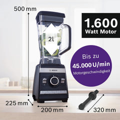 Bosch Standmixer VitaBoost MMBH6P6BDE, 6-Klingen-Edelstahlmesser, 2,5l Tritan-Mixbehlter, Stopfer, 6 Automatikprogramme, Rezeptbuch, BPA-frei, einfache Reinigung, 45,000 U/min, 1600 W, schwarz