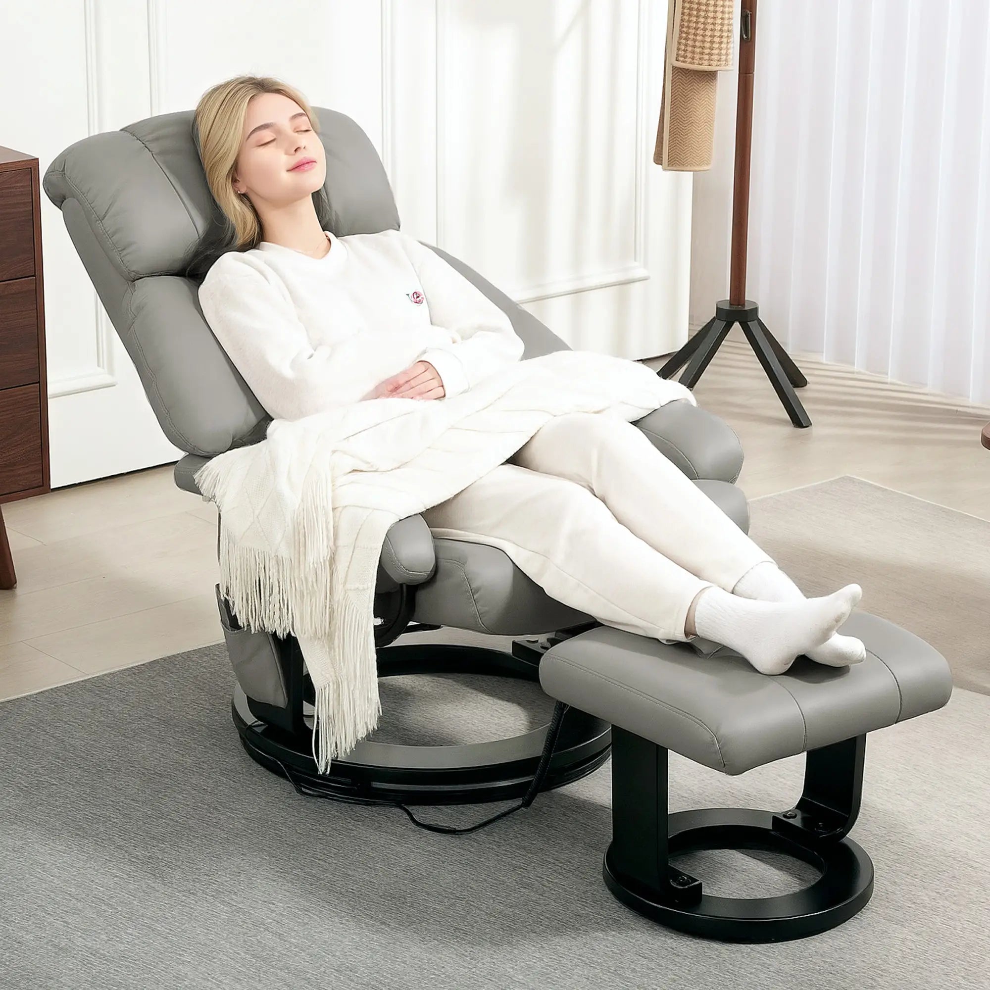 HOMCOM Relaxsessel Grau mit Massage, Liegefunktion & Fußhocker, Kunstleder