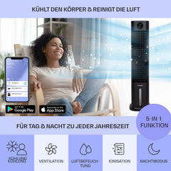 Klarstein Luftkühler mit Wasserkühlung, 5-in-1 Verdunstungskühler, Luftbefeuchter, Ventilator & Luftreiniger, Mobile Klimageräte Luftkühler mit App-Steuerung, 80W Air Cooler, 462m³/h Luftstrom, Weiß