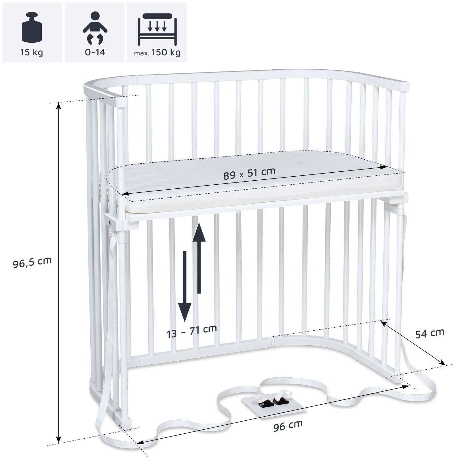 babybay Original Beistellbett aus massivem Buchenholz / kompakt & verwandelbar / Kinderbett Höhe stufenlos verstellbar & umweltfreundlich / mitwachsendes Babybett (weiß lackiert) / inkl. Matratze
