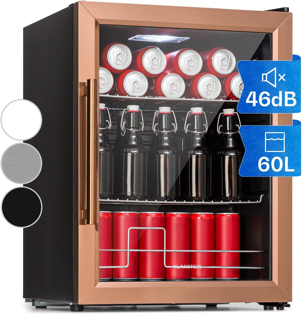 Klarstein Mini Kühlschrank mit Glastür für Zimmer, Getrnkekühlschrank mit Verstellbaren Ablagen, Kleiner 80 Liter, Indoor/Outdoor Kühlschrank Leise