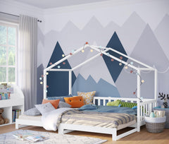 Bellabino Kinderbett Bia 140x200 cm, Hausbett Kinder inkl. Rausfallschutz und Rolllattenrost, Montessori Bodenbett weiß aus Massivholz Kiefer