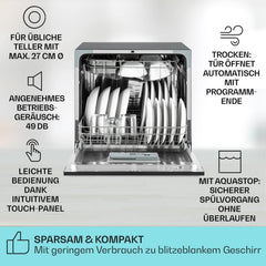Klarstein ia 8 - Spülmaschine, Geschirrspüler, Freistehend, Teilintegriert, F, 55 cm breit, 8 Maßgedecke, 6 Programme, Aquastop, silber