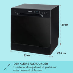 Klarstein ia 8 - Spülmaschine, Geschirrspüler, Freistehend, Teilintegriert, F, 55 cm breit, 8 Maßgedecke, 6 Programme, Aquastop, silber