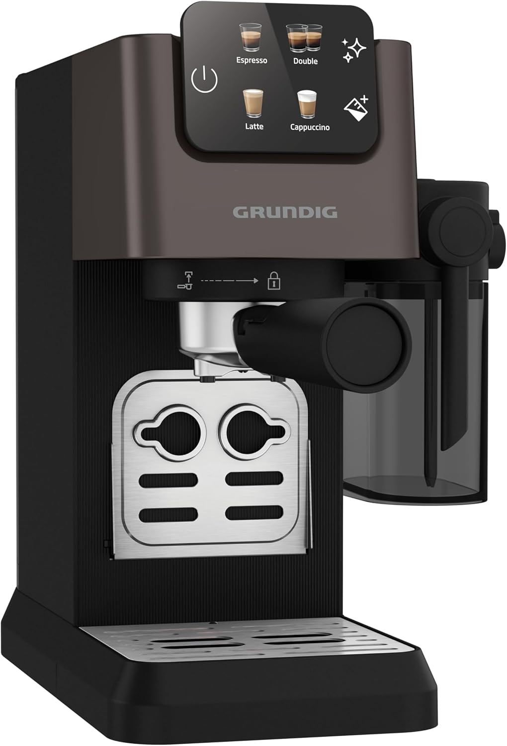 GRUNDIG KSM 5330 Siebträgermaschine mit integriertem Milchbehälter, 1628 W Leistung, 15 bar Pumpendruck, Zweifachdüse, farbiges Touch-Display, BrewSense, CreamyPro, Dark Inox/Schwarz