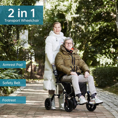 Geländegängiger 2-in-1-Rollator und Transportstuhl, zusammenklappbarer Rollstuhl mit luftlosen 10-Zoll-Rädern für Senioren, umkehrbare Rückenlehne und abnehmbare Fußstützen, blau